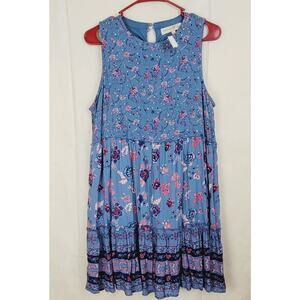 New Penelope Rose blue mixed floral print tiered dress Size Large Cottage Boho